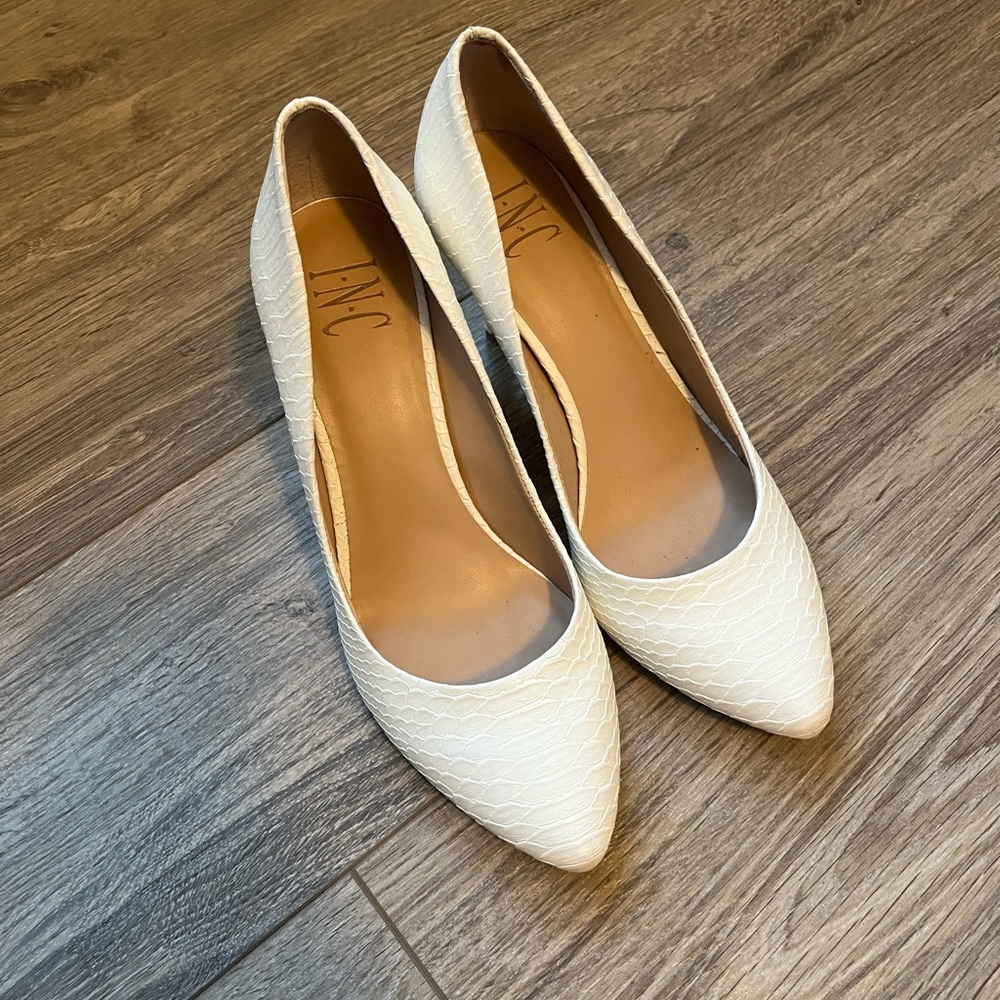 INC white snakeskin heels